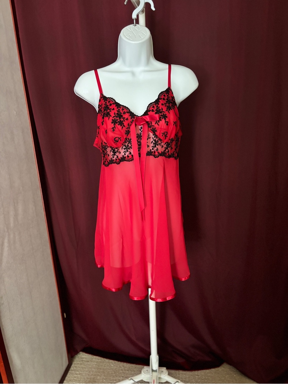 Red Lace-Accent Satin Chemise with Black Embroidery
